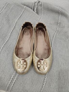 Tory Burch Metallic Gold Logo Ballet Flats